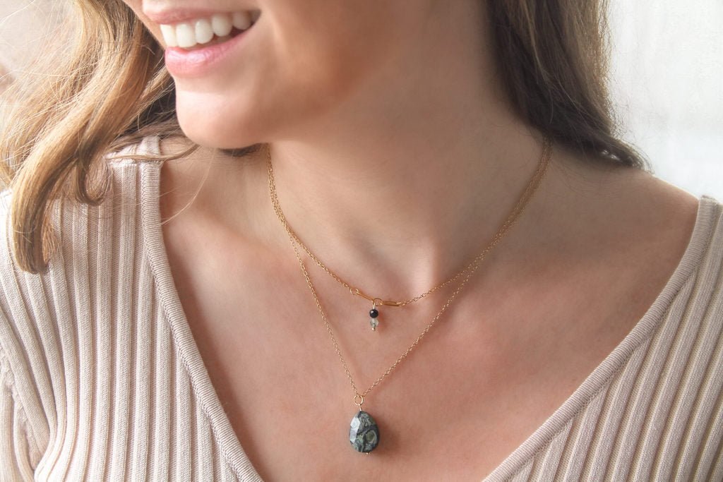 Ketting Prehniet & Obsidiaan - Goud - 53876 - WanderWood