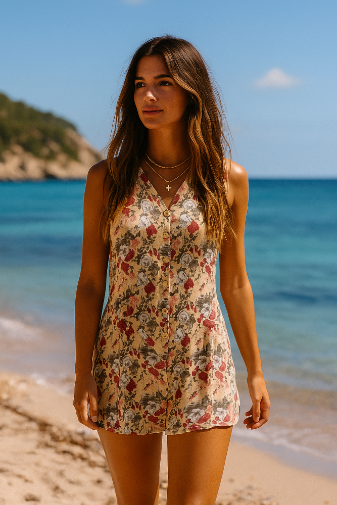 vintage playsuit op strand Ibiza