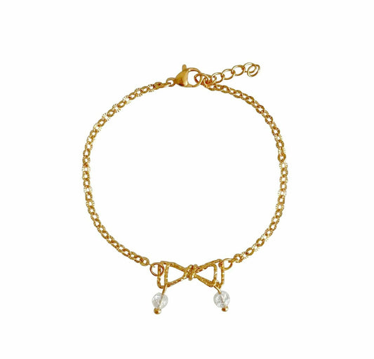 Bow & Cracked Rock Crystal Bracelet - Gold