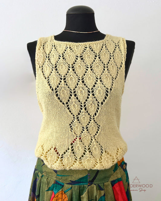 open gebreide vintage top in geel bij WanderWood