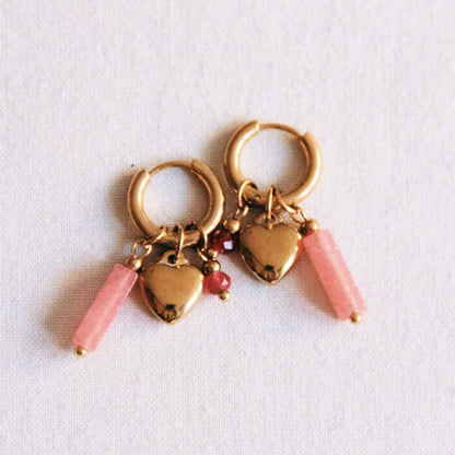 Wide earring with tube, facet and heart - pink